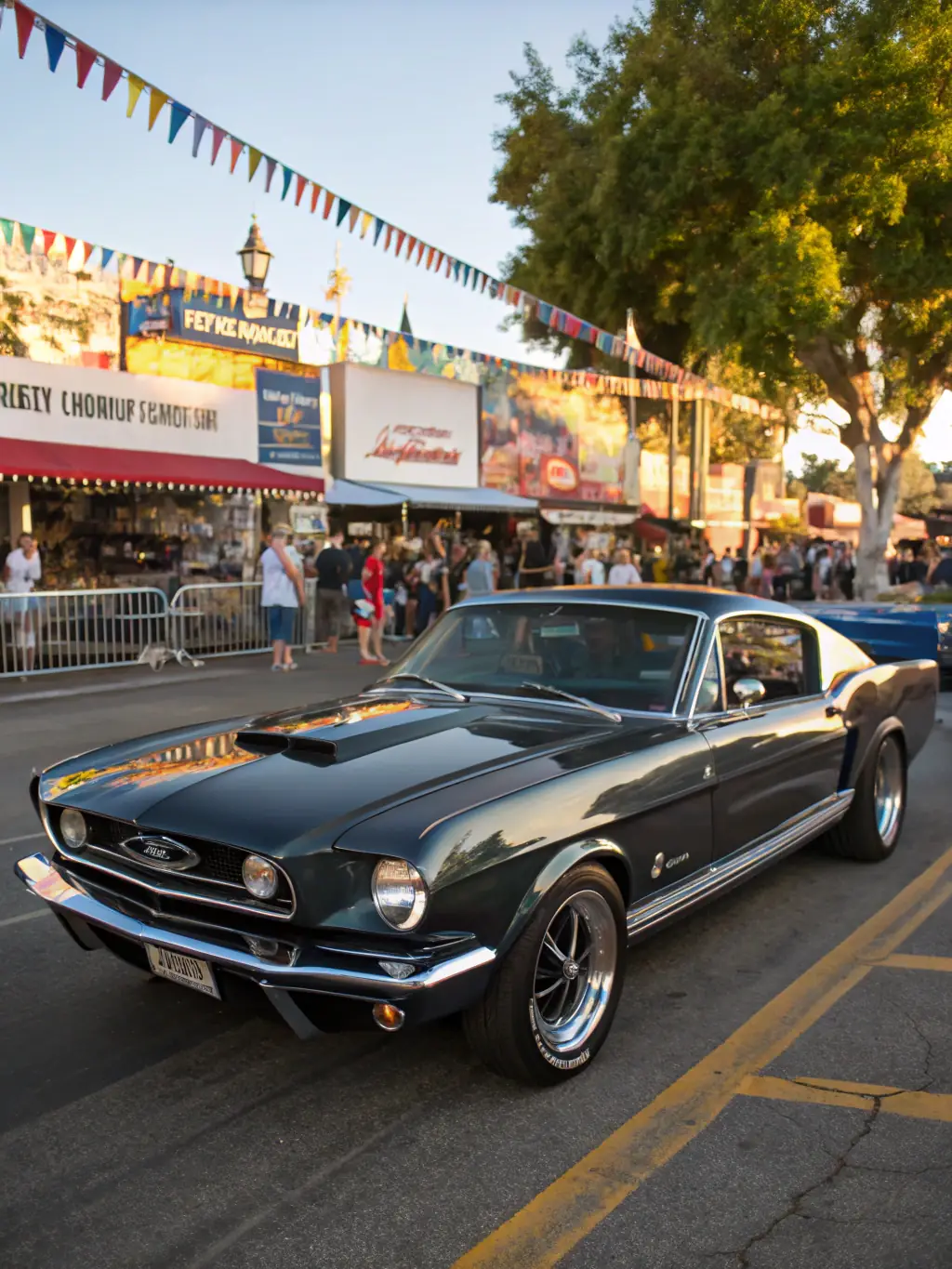 Image of a Ford Mustang muscle car with racing stripes, showcasing its powerful engine and sporty design, parked on a racetrack.