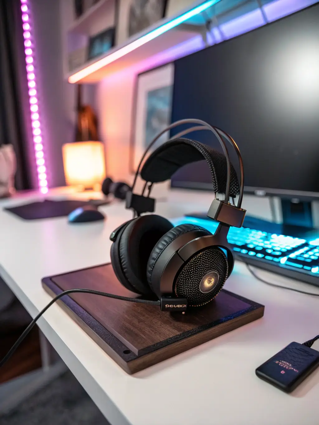 Image of a gaming headset with noise cancellation and surround sound, showcasing its comfortable earcups and microphone, placed on a headset stand.