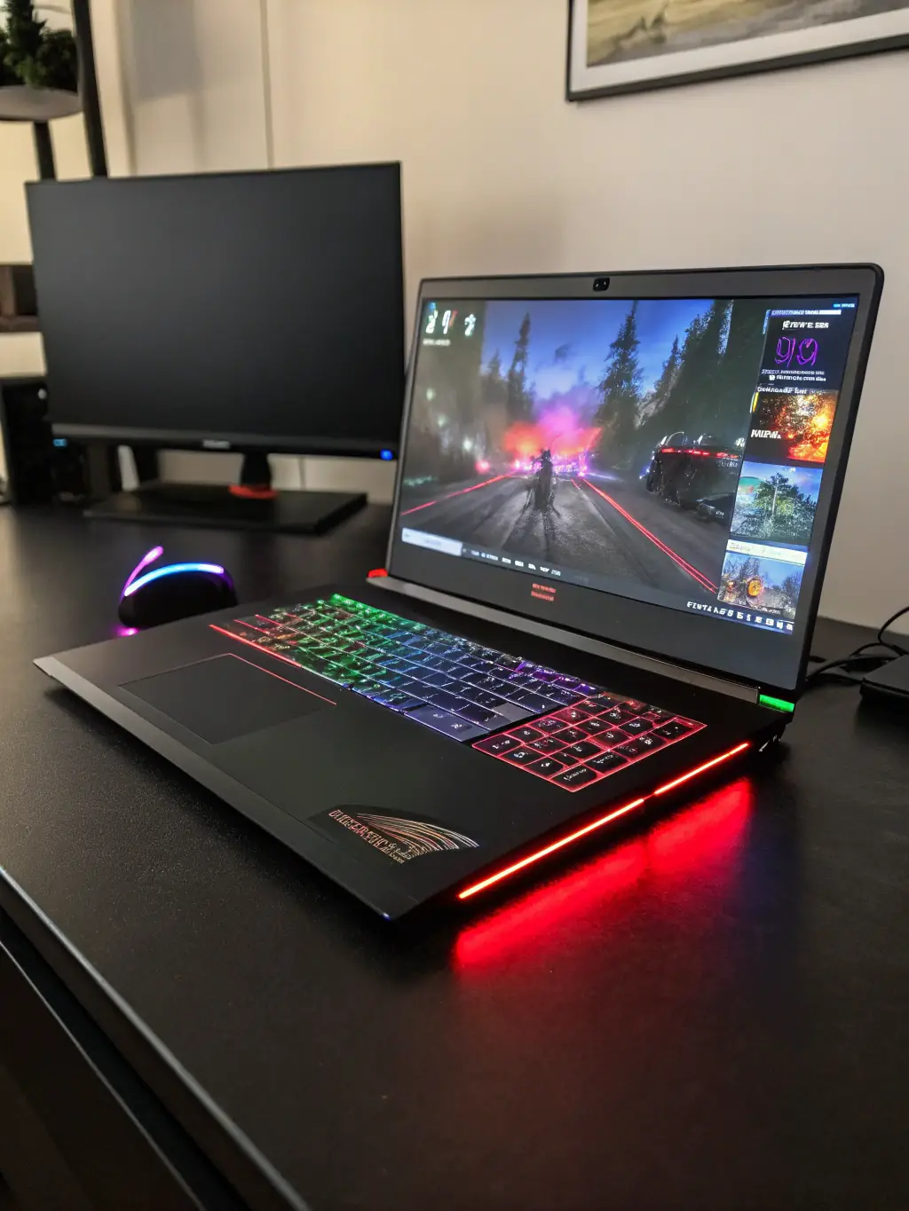 Image of a high-end gaming laptop with RGB lighting, showcasing its powerful graphics card and cooling system, placed on a gaming desk with a headset and mouse.